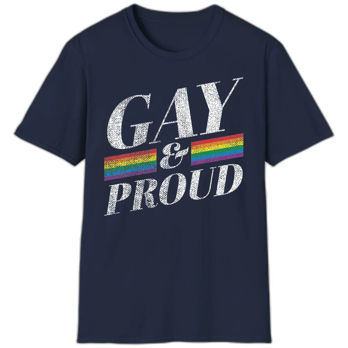 Gay and proud pride design with large white textured letters and rainbow flag stripes on gray background in Navy