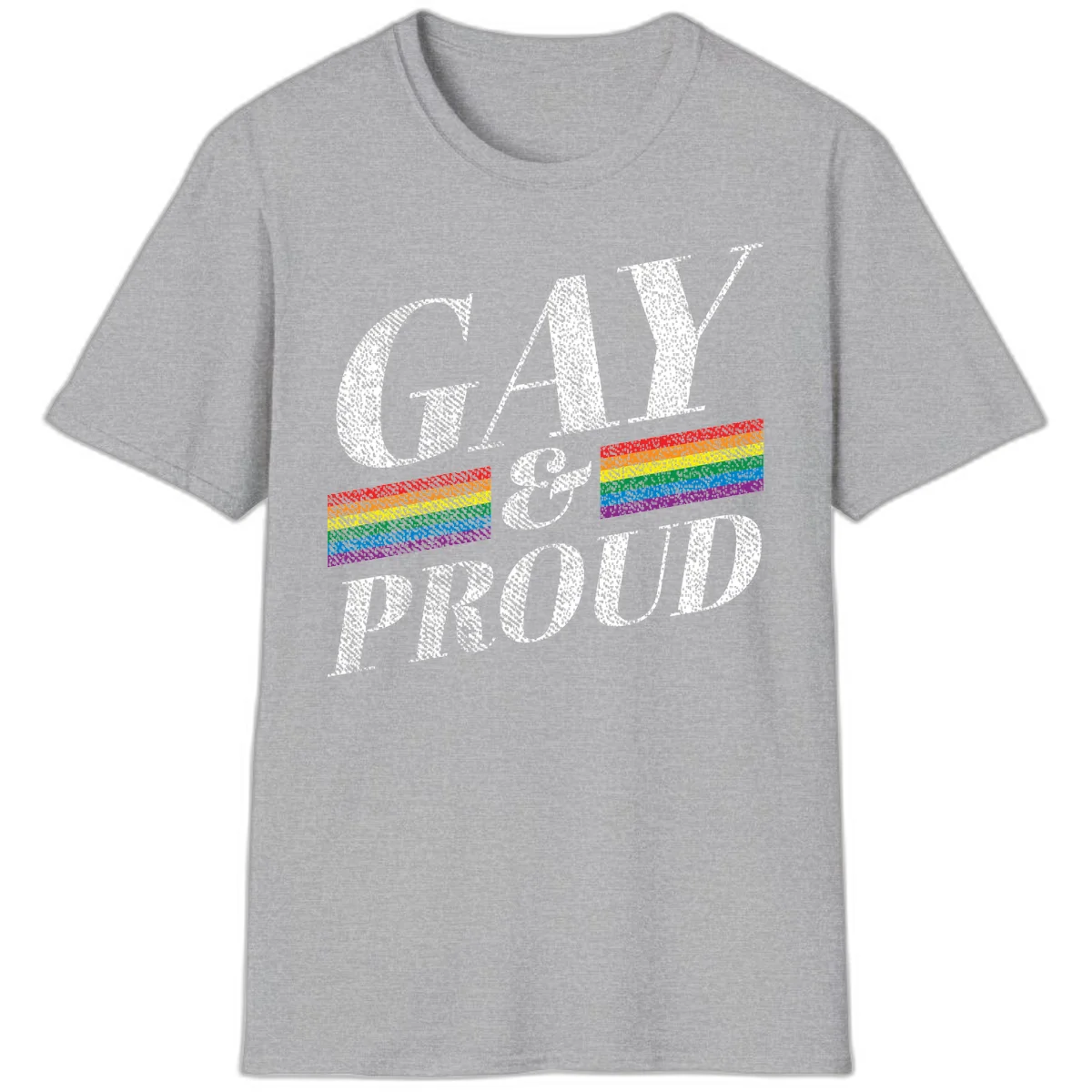 Gay and proud pride design with large white textured letters and rainbow flag stripes on gray background in Sport Grey