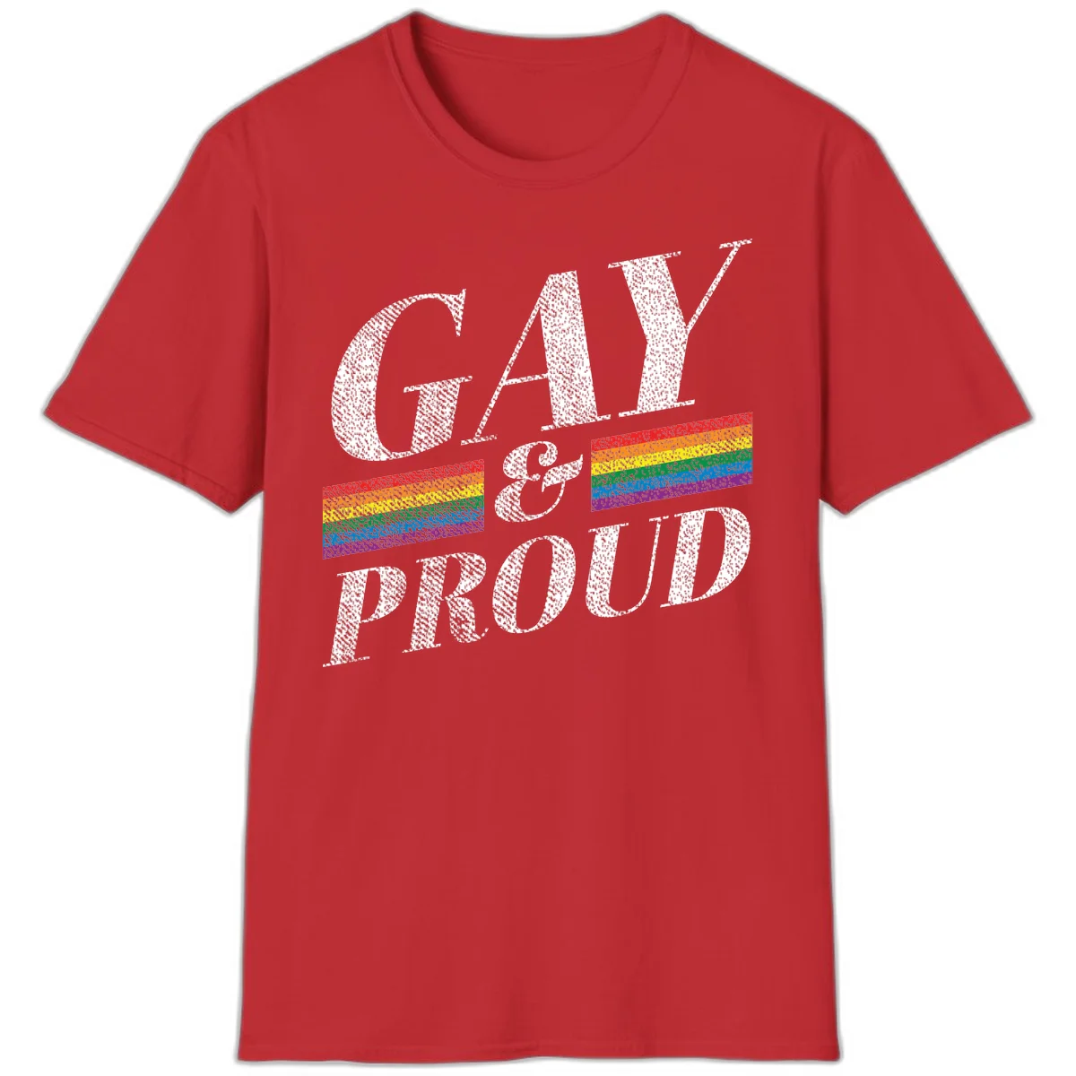 Gay and proud pride design with large white textured letters and rainbow flag stripes on gray background in Red