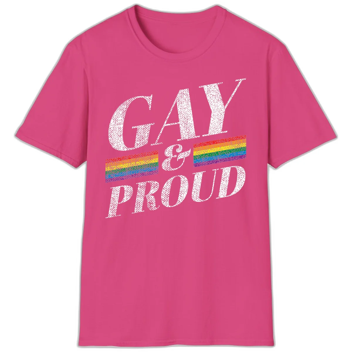 Gay and proud pride design with large white textured letters and rainbow flag stripes on gray background in Heliconia