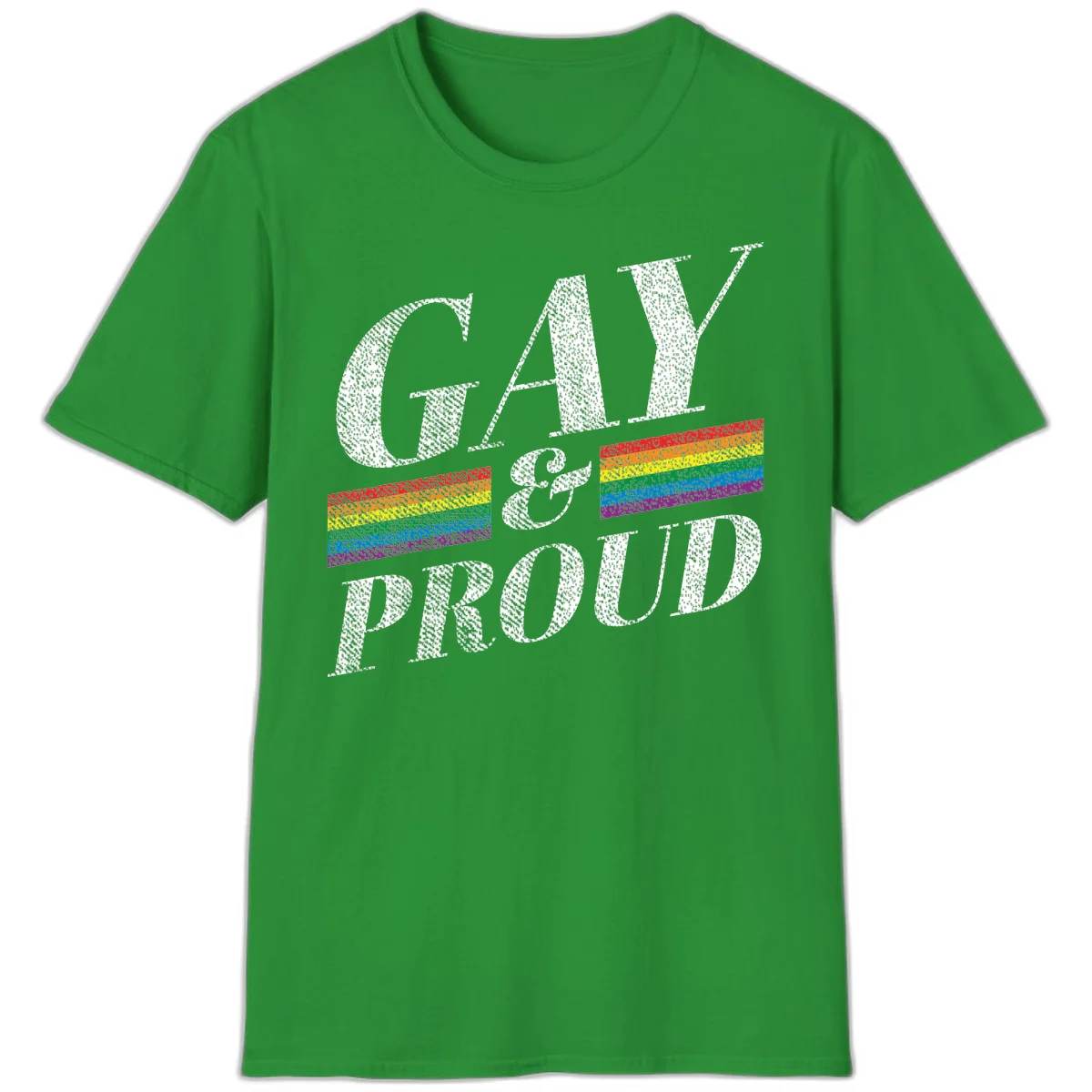 Gay and proud pride design with large white textured letters and rainbow flag stripes on gray background in Irish Green