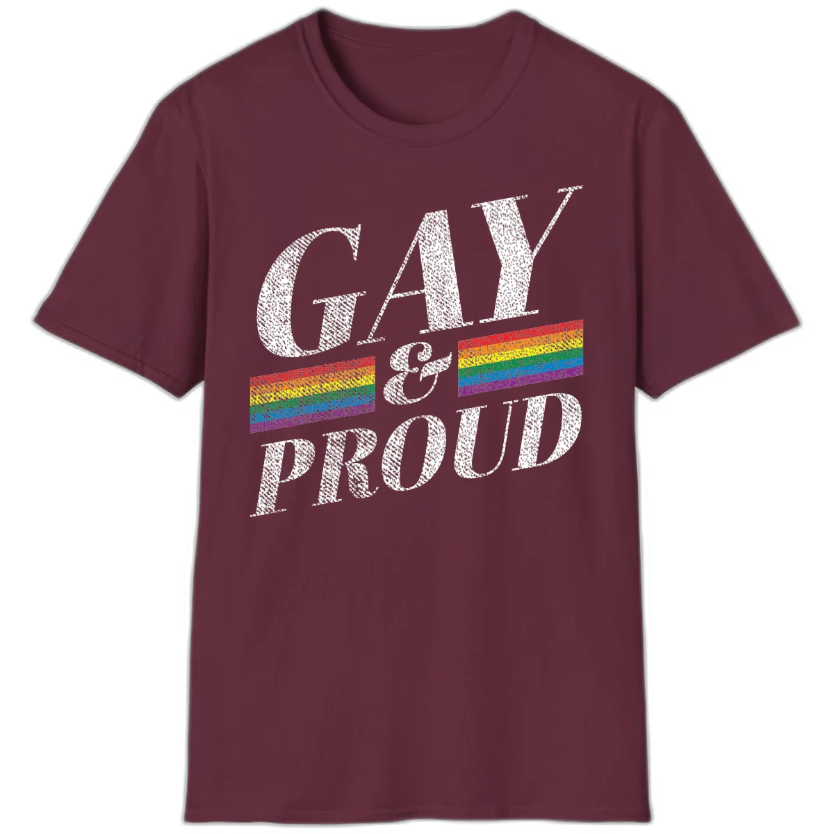 Gay and proud pride design with large white textured letters and rainbow flag stripes on gray background in Maroon