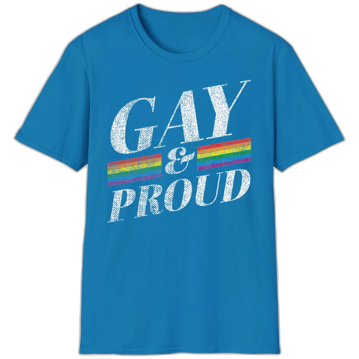 Gay and proud pride design with large white textured letters and rainbow flag stripes on gray background in Sapphire