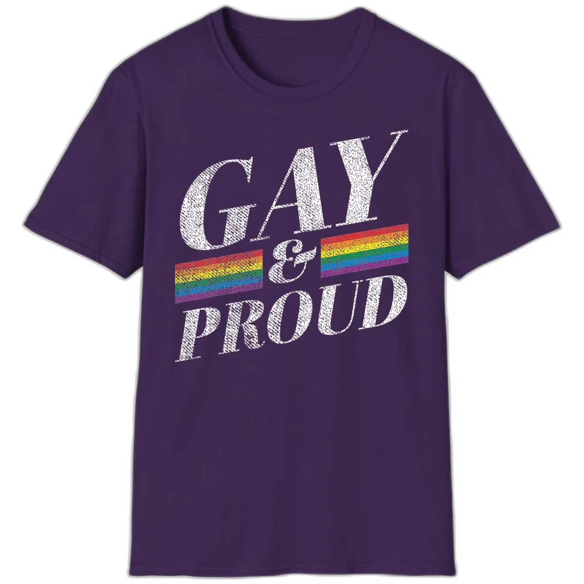 Gay and proud pride design with large white textured letters and rainbow flag stripes on gray background in Purple