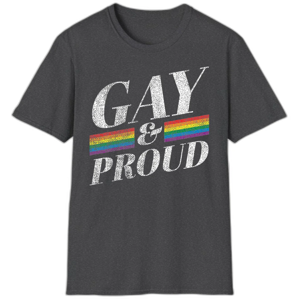 Gay and proud pride design with large white textured letters and rainbow flag stripes on gray background in Dark Heather