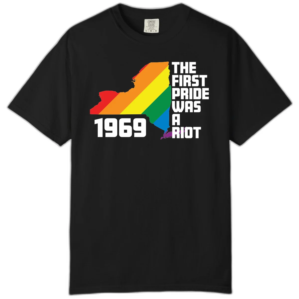 New York state map filled with rainbow pride stripes and text reading 'The First Pride Was A Riot 1969' in Black
