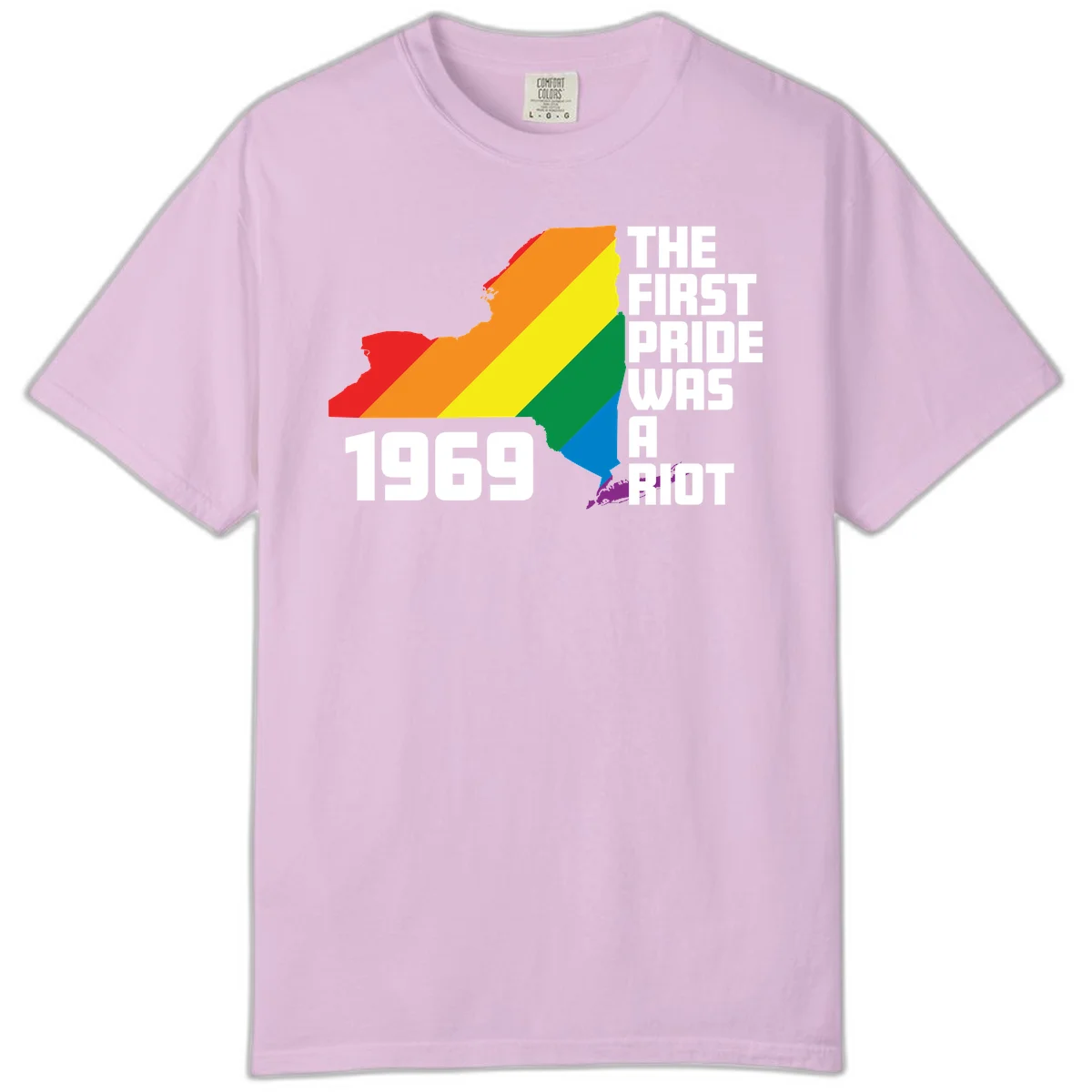 New York state map filled with rainbow pride stripes and text reading 'The First Pride Was A Riot 1969' in Orchid