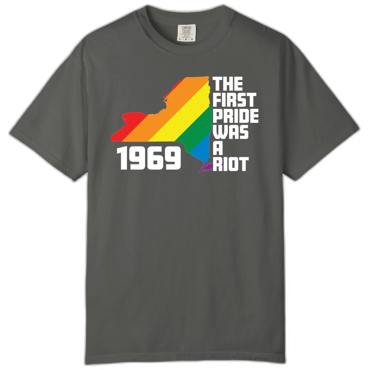 New York state map filled with rainbow pride stripes and text reading 'The First Pride Was A Riot 1969' in Pepper