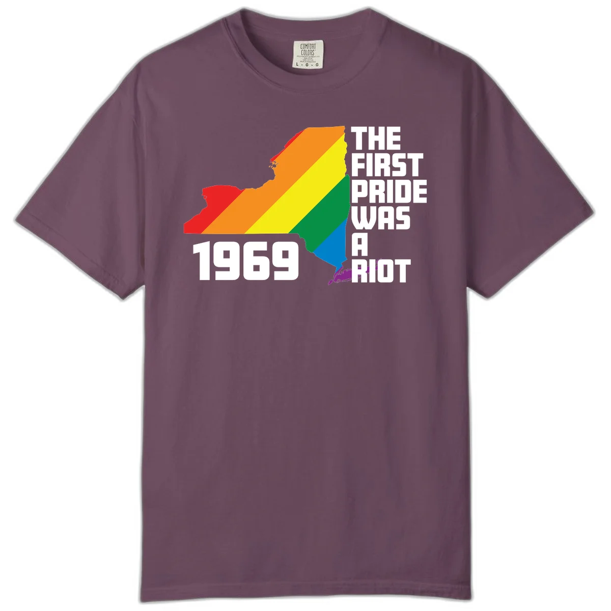 New York state map filled with rainbow pride stripes and text reading 'The First Pride Was A Riot 1969' in Berry