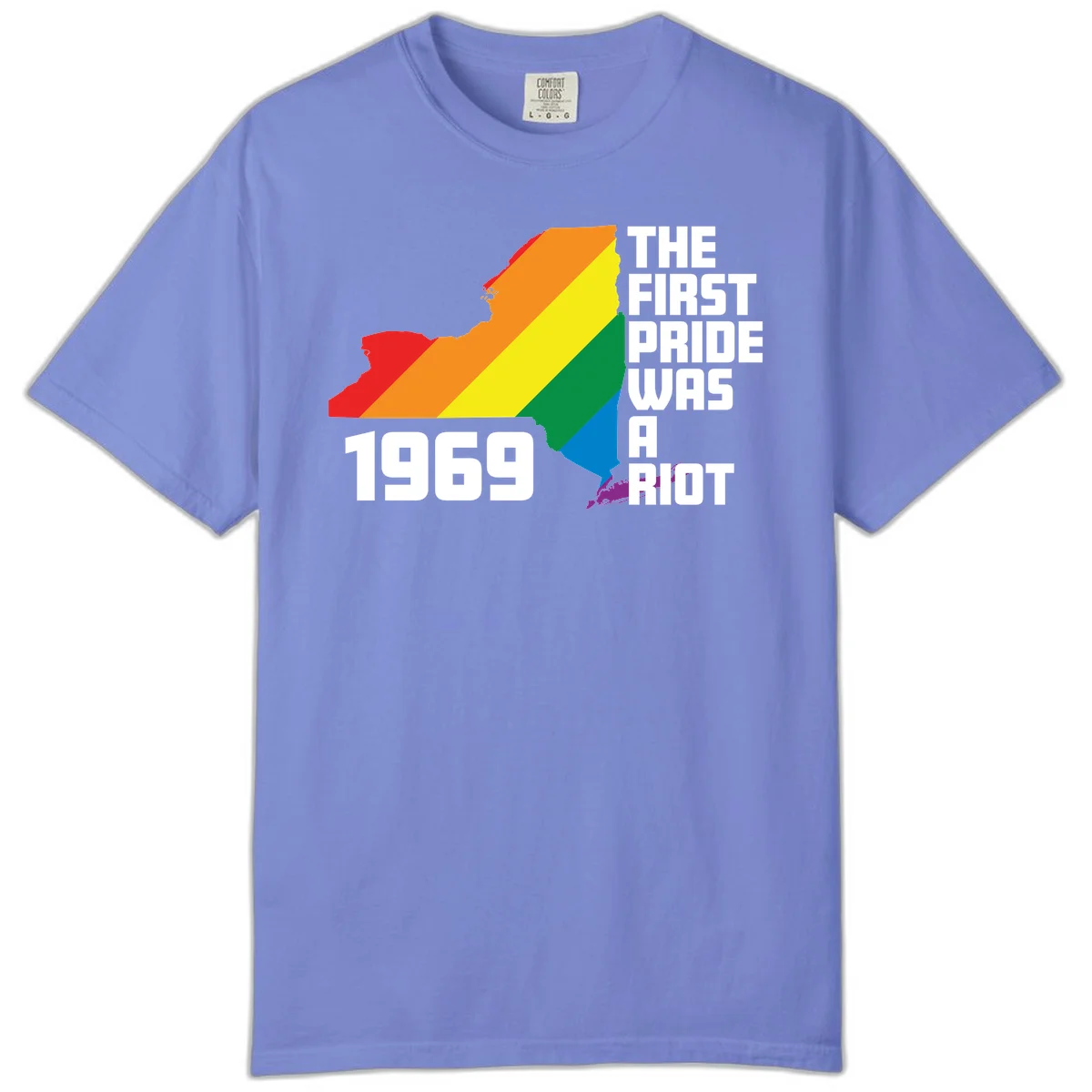 New York state map filled with rainbow pride stripes and text reading 'The First Pride Was A Riot 1969' in Flo Blue