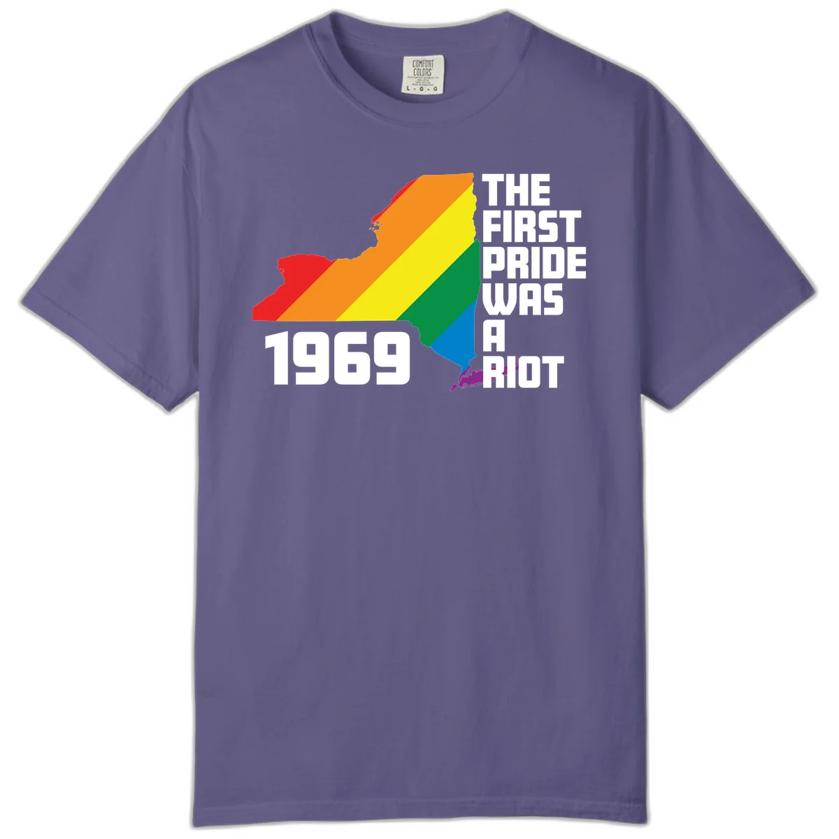 New York state map filled with rainbow pride stripes and text reading 'The First Pride Was A Riot 1969' in Grape