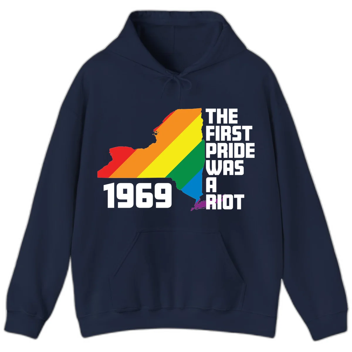 New York state map filled with rainbow pride stripes and text reading 'The First Pride Was A Riot 1969' in Navy