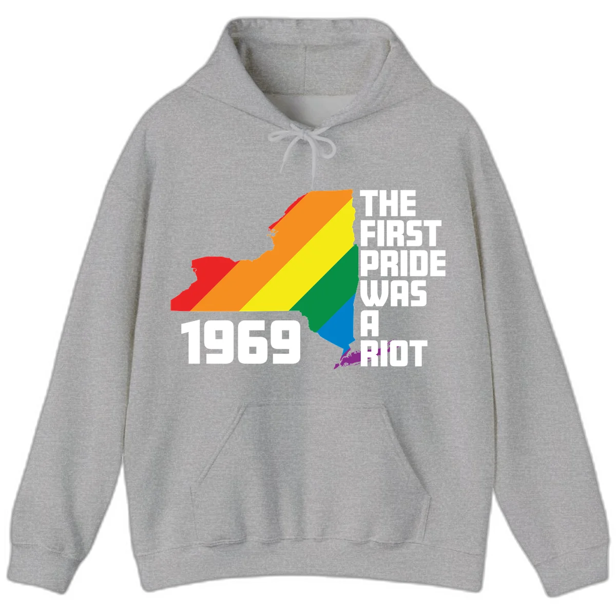 New York state map filled with rainbow pride stripes and text reading 'The First Pride Was A Riot 1969' in Sport Grey