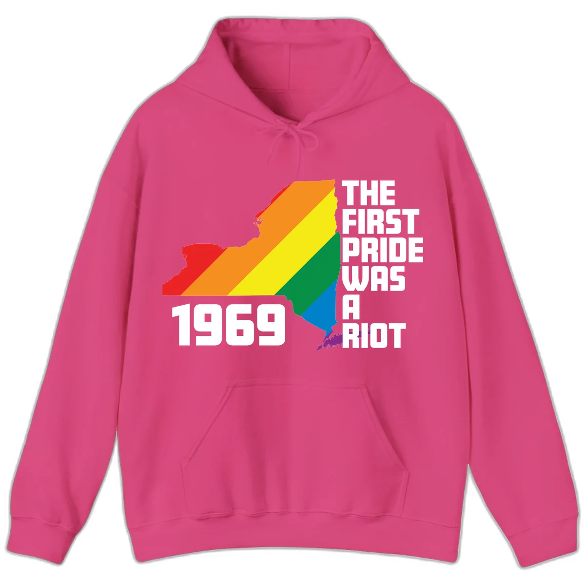 New York state map filled with rainbow pride stripes and text reading 'The First Pride Was A Riot 1969' in Heliconia