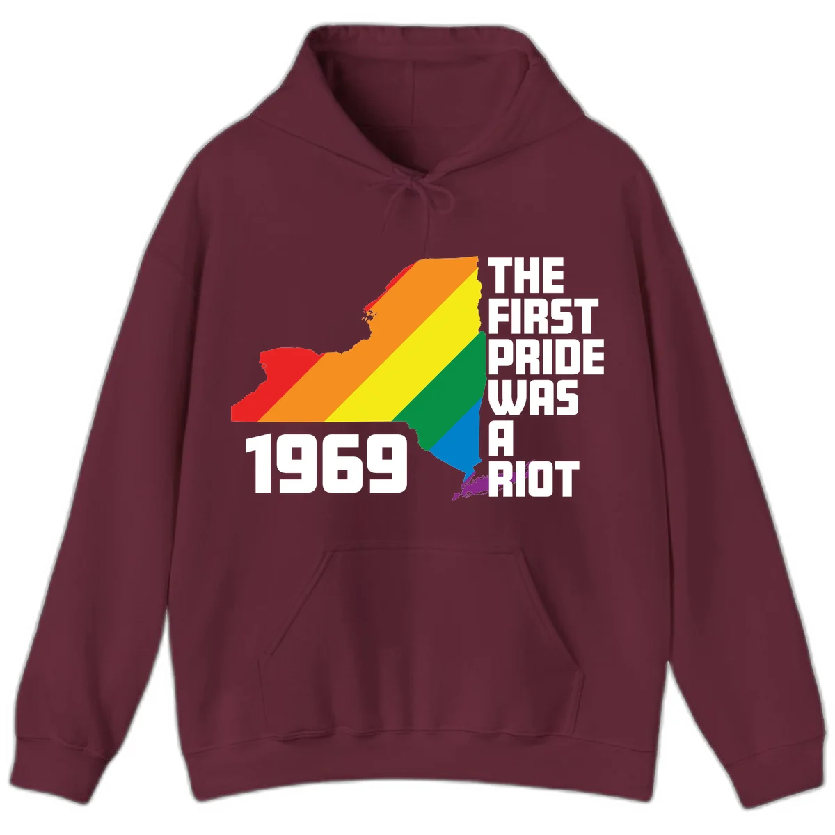 New York state map filled with rainbow pride stripes and text reading 'The First Pride Was A Riot 1969' in Maroon