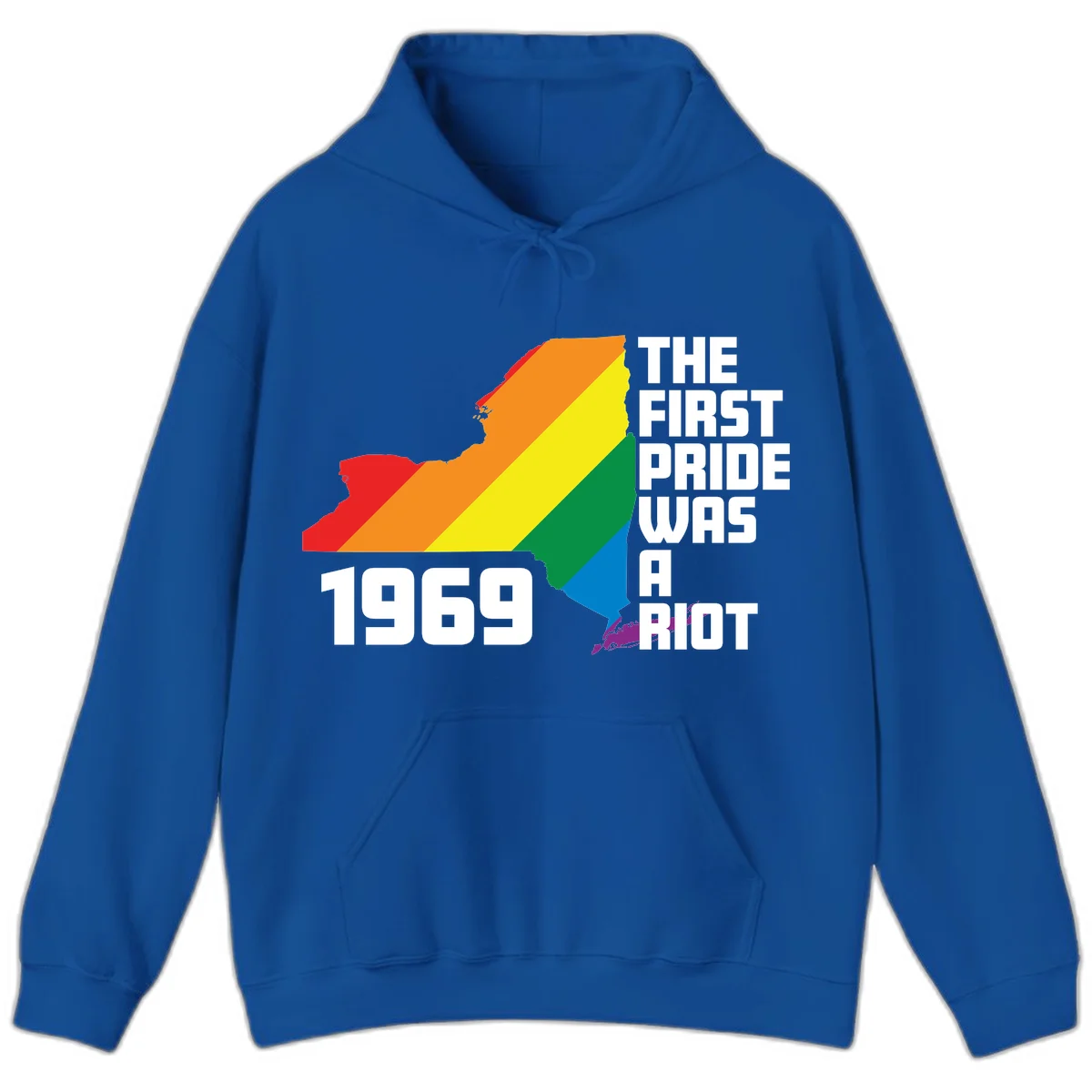 New York state map filled with rainbow pride stripes and text reading 'The First Pride Was A Riot 1969' in Royal