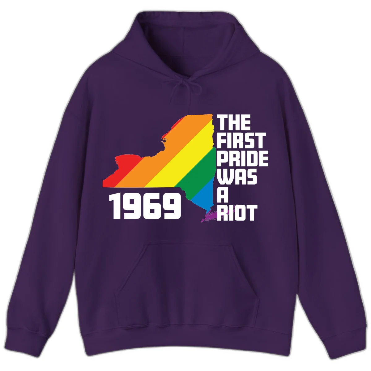 New York state map filled with rainbow pride stripes and text reading 'The First Pride Was A Riot 1969' in Purple