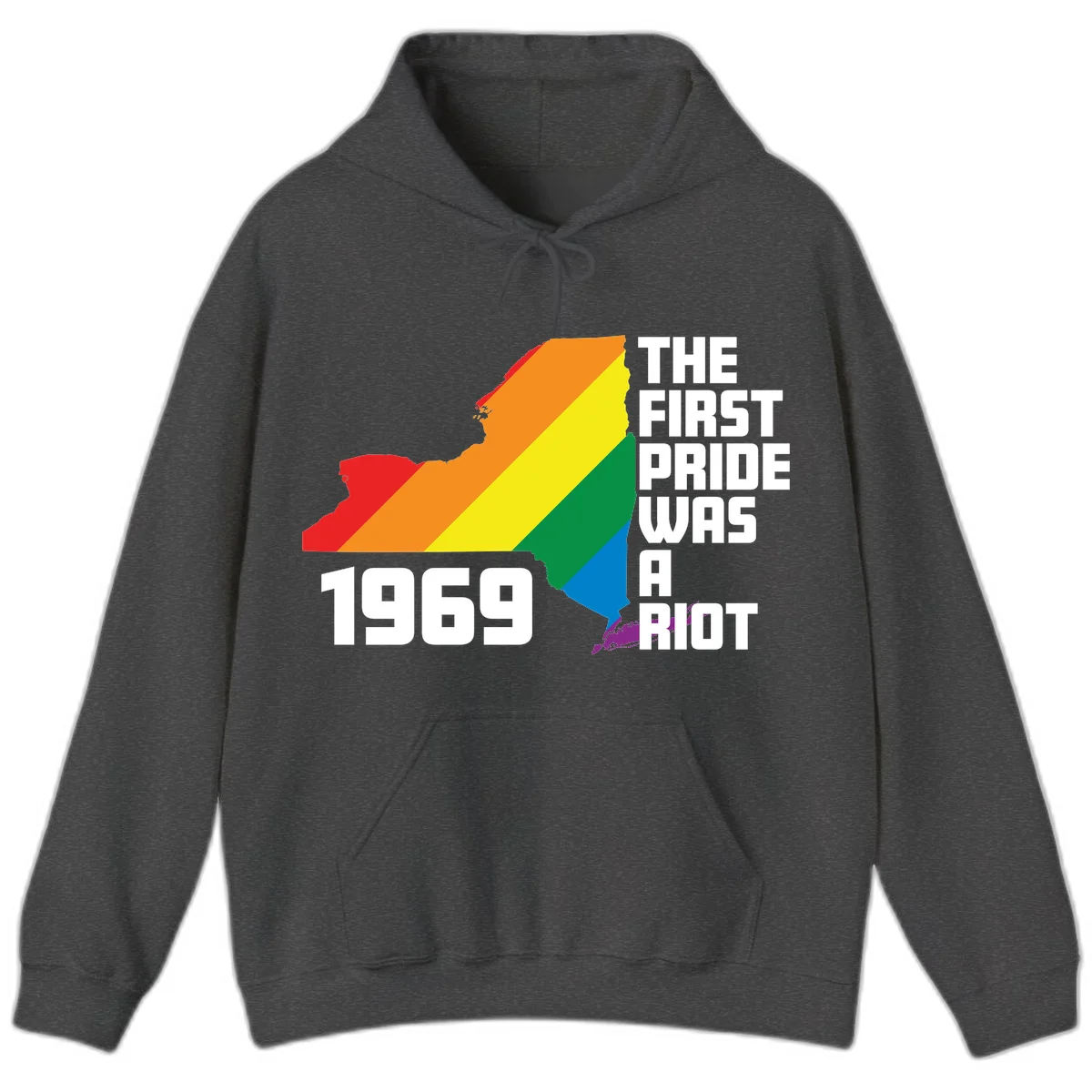 New York state map filled with rainbow pride stripes and text reading 'The First Pride Was A Riot 1969' in Dark Heather