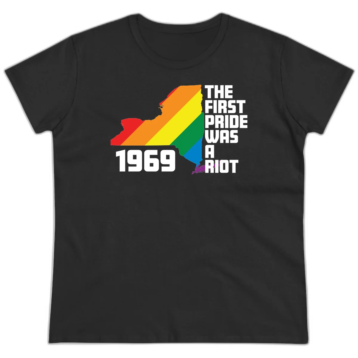 New York state map filled with rainbow pride stripes and text reading 'The First Pride Was A Riot 1969' in Black