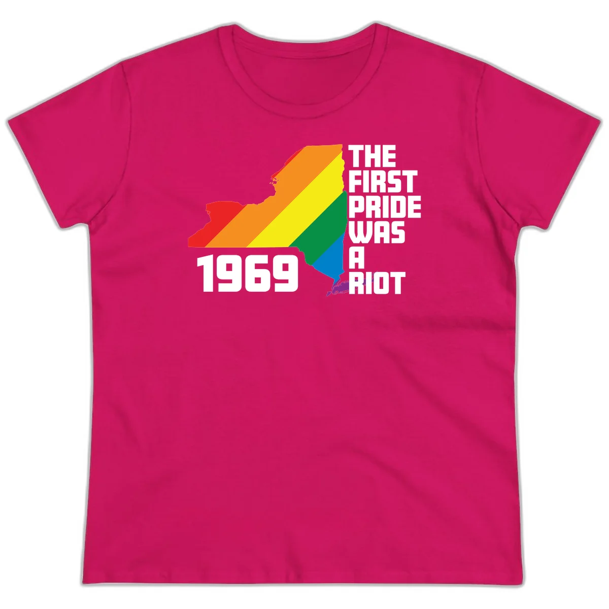 New York state map filled with rainbow pride stripes and text reading 'The First Pride Was A Riot 1969' in Heliconia