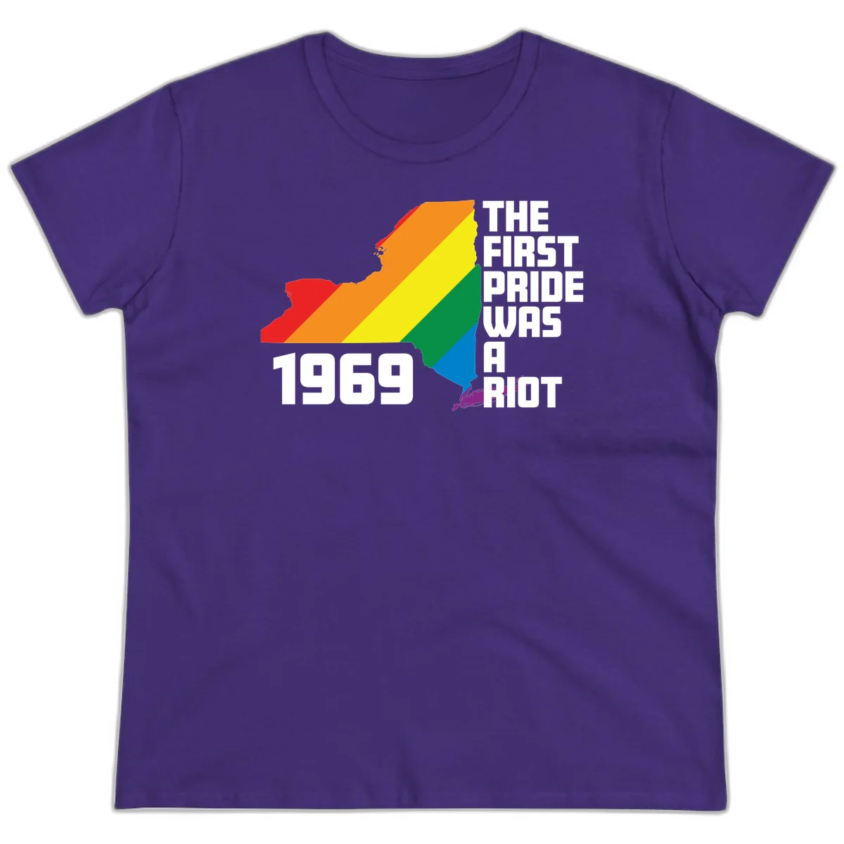 New York state map filled with rainbow pride stripes and text reading 'The First Pride Was A Riot 1969' in Purple