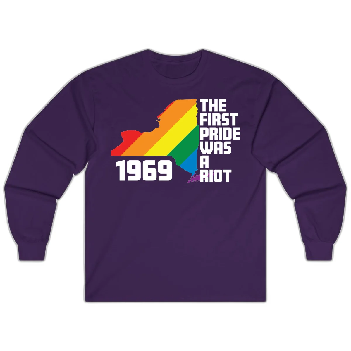 New York state map filled with rainbow pride stripes and text reading 'The First Pride Was A Riot 1969' in Purple