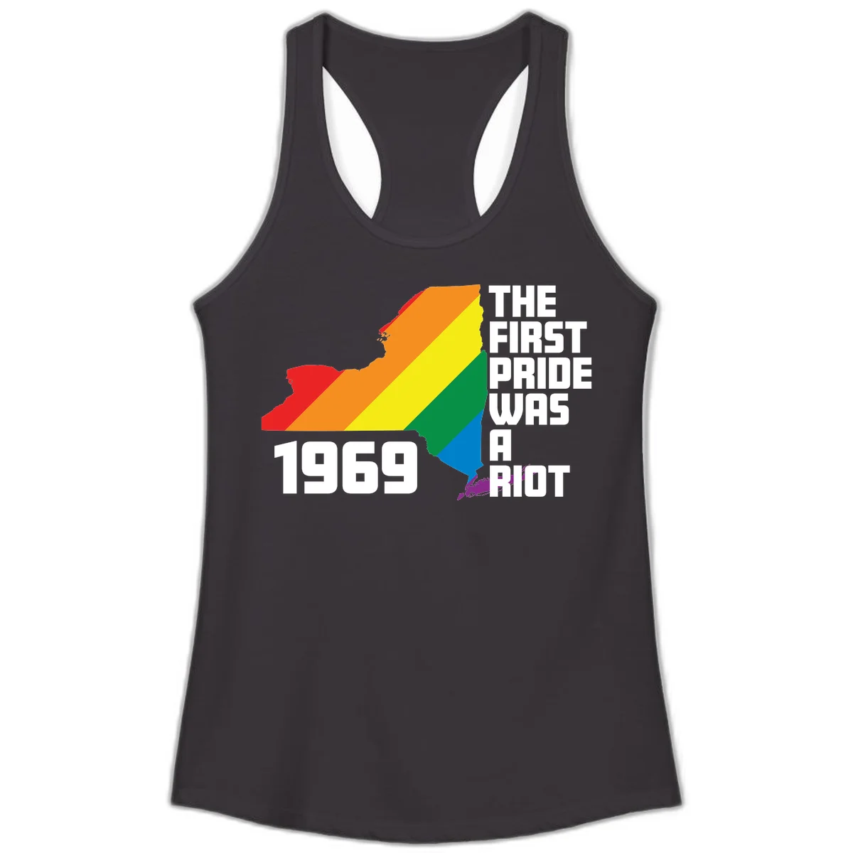 New York state map filled with rainbow pride stripes and text reading 'The First Pride Was A Riot 1969' in Black