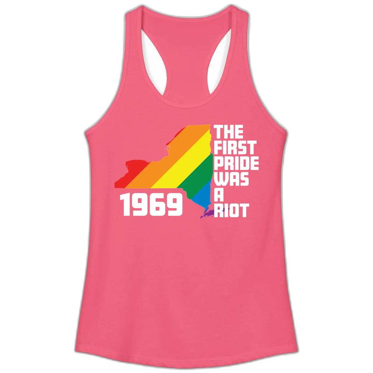 New York state map filled with rainbow pride stripes and text reading 'The First Pride Was A Riot 1969' in Hot Pink