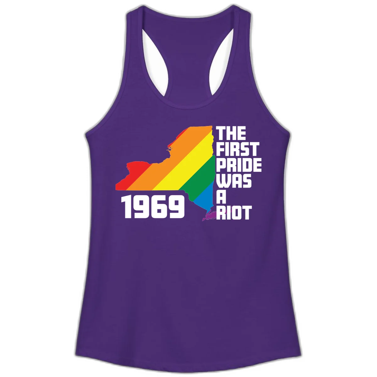 New York state map filled with rainbow pride stripes and text reading 'The First Pride Was A Riot 1969' in Solid Purple Rush