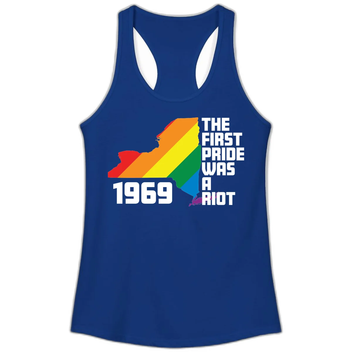New York state map filled with rainbow pride stripes and text reading 'The First Pride Was A Riot 1969' in Solid Royal