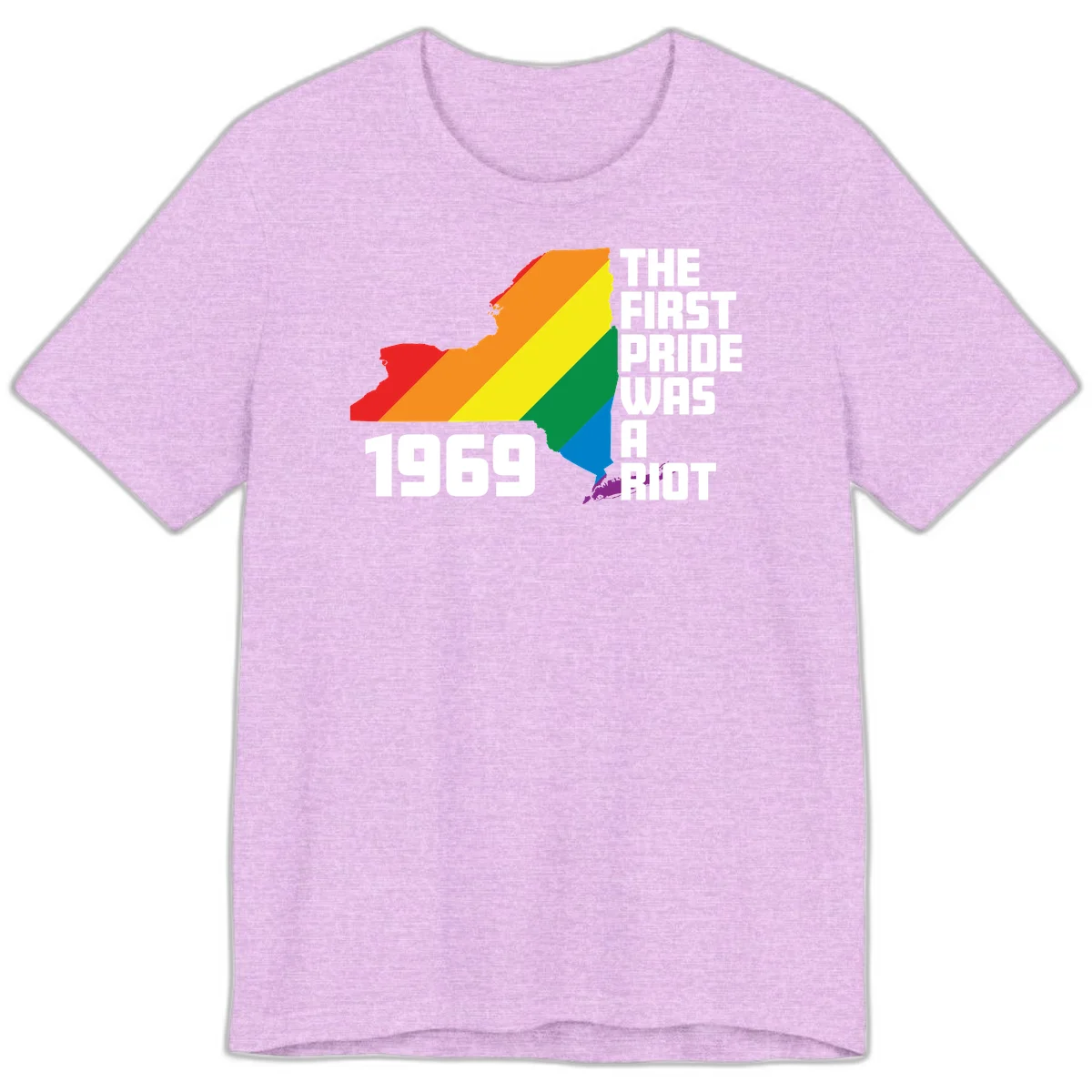 New York state map filled with rainbow pride stripes and text reading 'The First Pride Was A Riot 1969' in Heather Prism Lilac