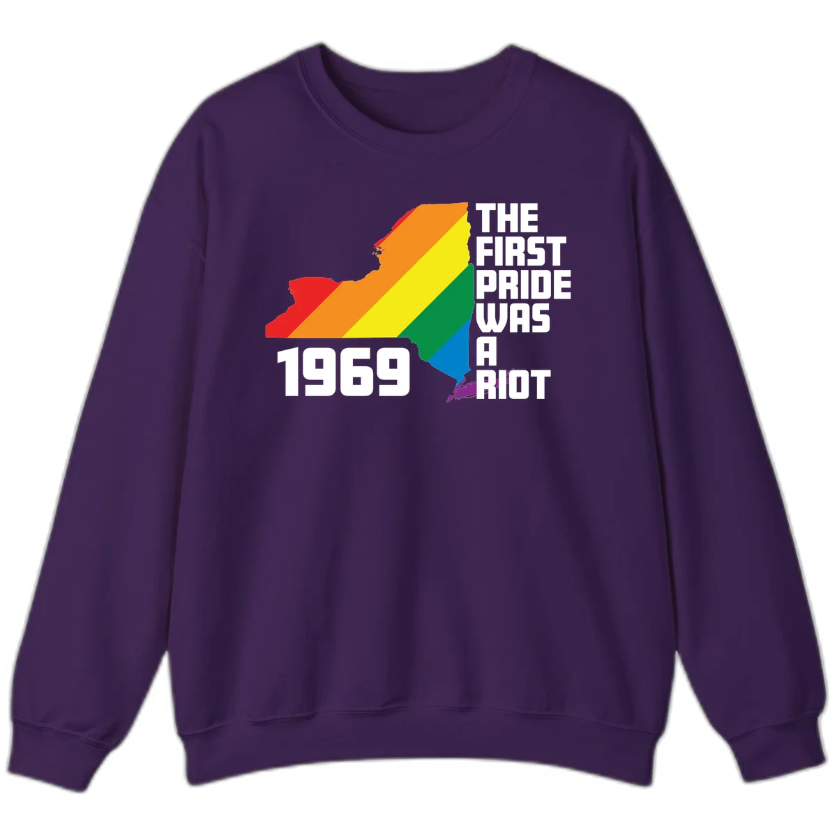 New York state map filled with rainbow pride stripes and text reading 'The First Pride Was A Riot 1969' in Purple