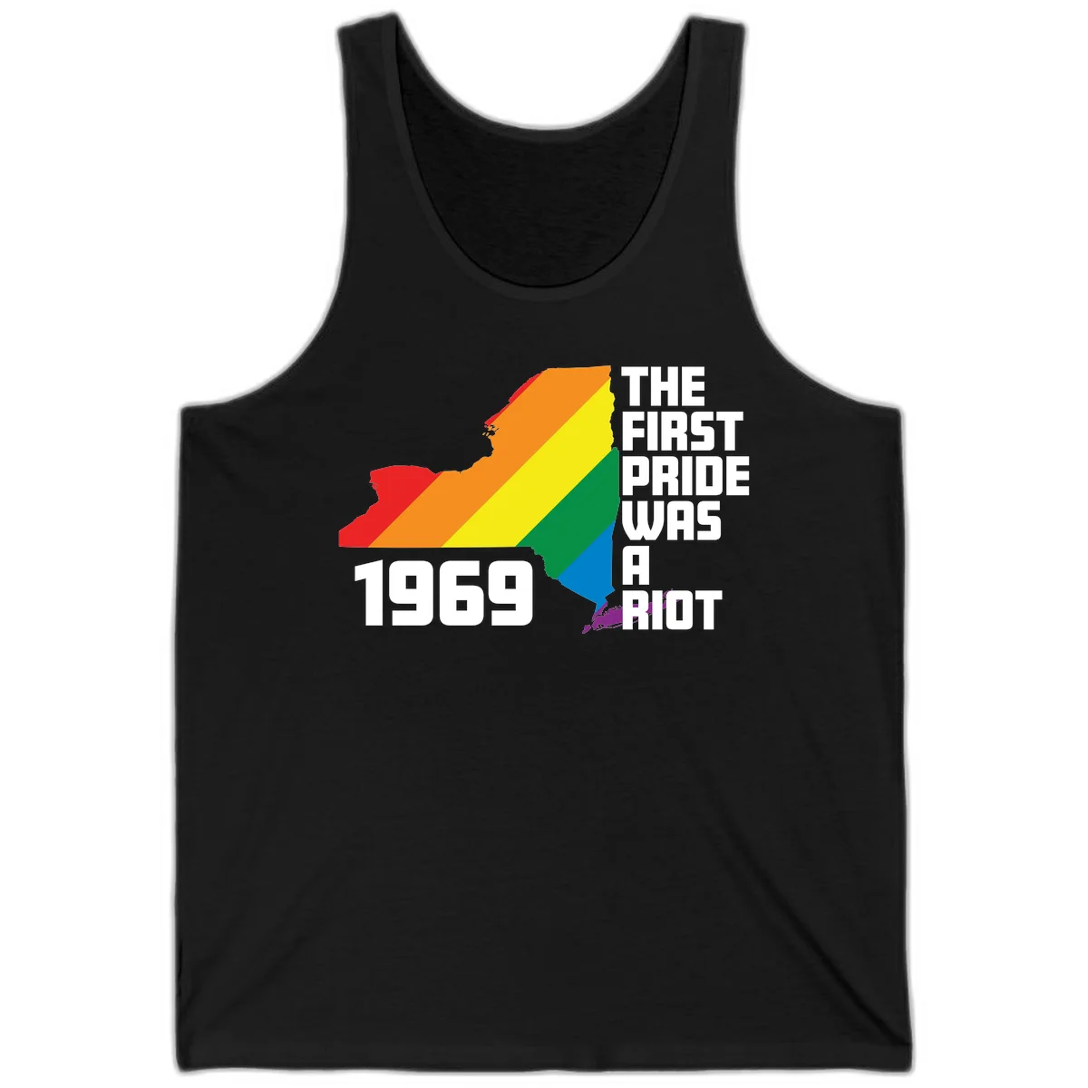New York state map filled with rainbow pride stripes and text reading 'The First Pride Was A Riot 1969' in Black