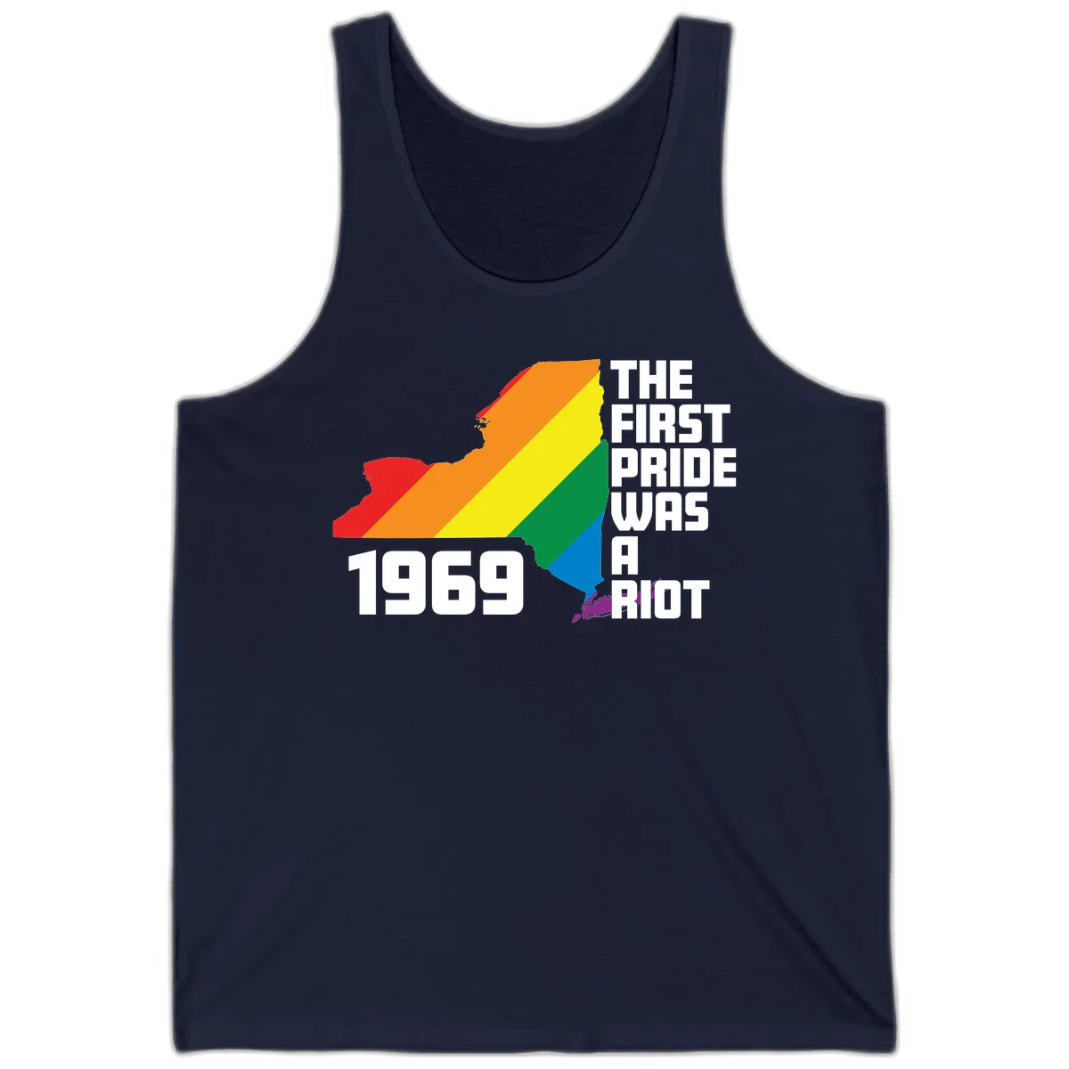 New York state map filled with rainbow pride stripes and text reading 'The First Pride Was A Riot 1969' in Navy
