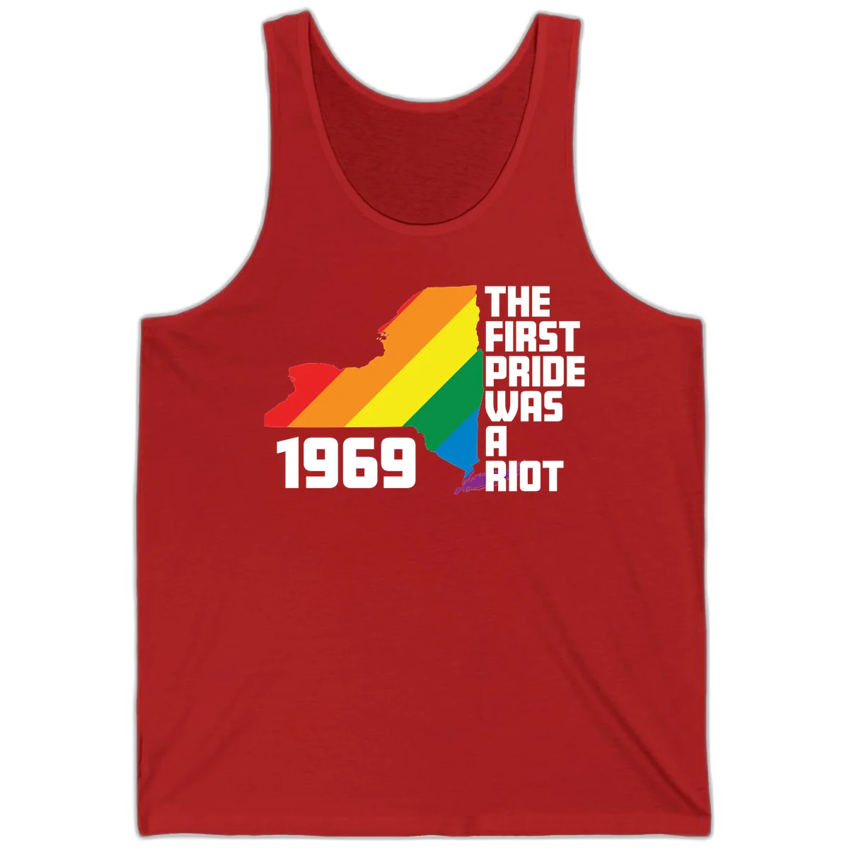 New York state map filled with rainbow pride stripes and text reading 'The First Pride Was A Riot 1969' in Red