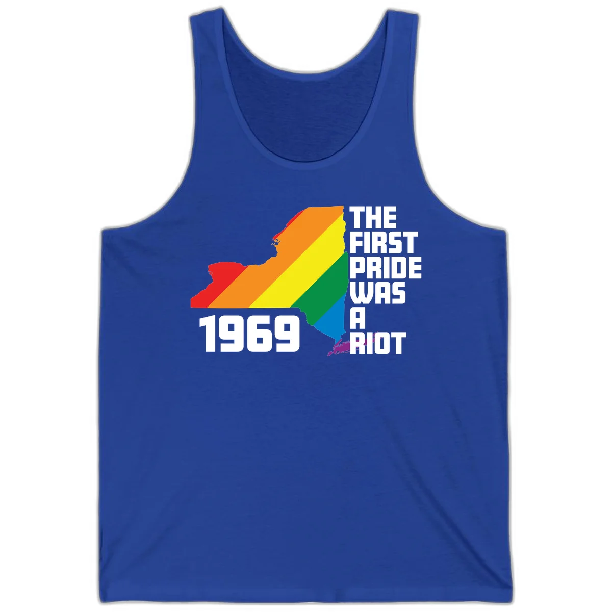 New York state map filled with rainbow pride stripes and text reading 'The First Pride Was A Riot 1969' in True Royal