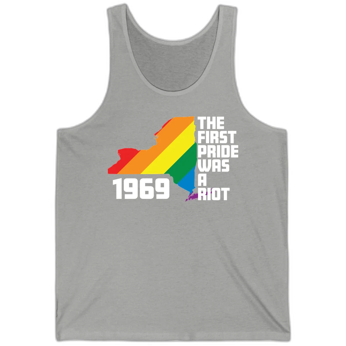 New York state map filled with rainbow pride stripes and text reading 'The First Pride Was A Riot 1969' in Athletic Heather