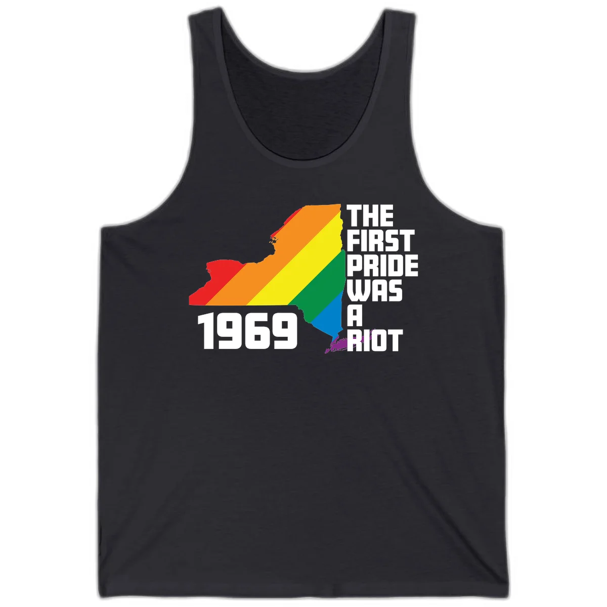 New York state map filled with rainbow pride stripes and text reading 'The First Pride Was A Riot 1969' in Dark Grey