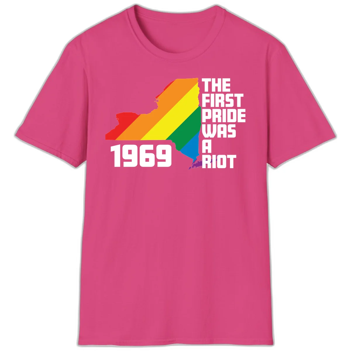 New York state map filled with rainbow pride stripes and text reading 'The First Pride Was A Riot 1969' in Heliconia