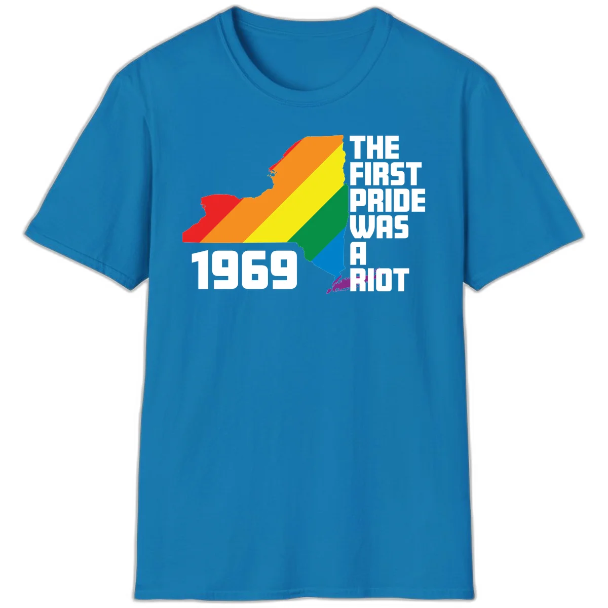 New York state map filled with rainbow pride stripes and text reading 'The First Pride Was A Riot 1969' in Sapphire