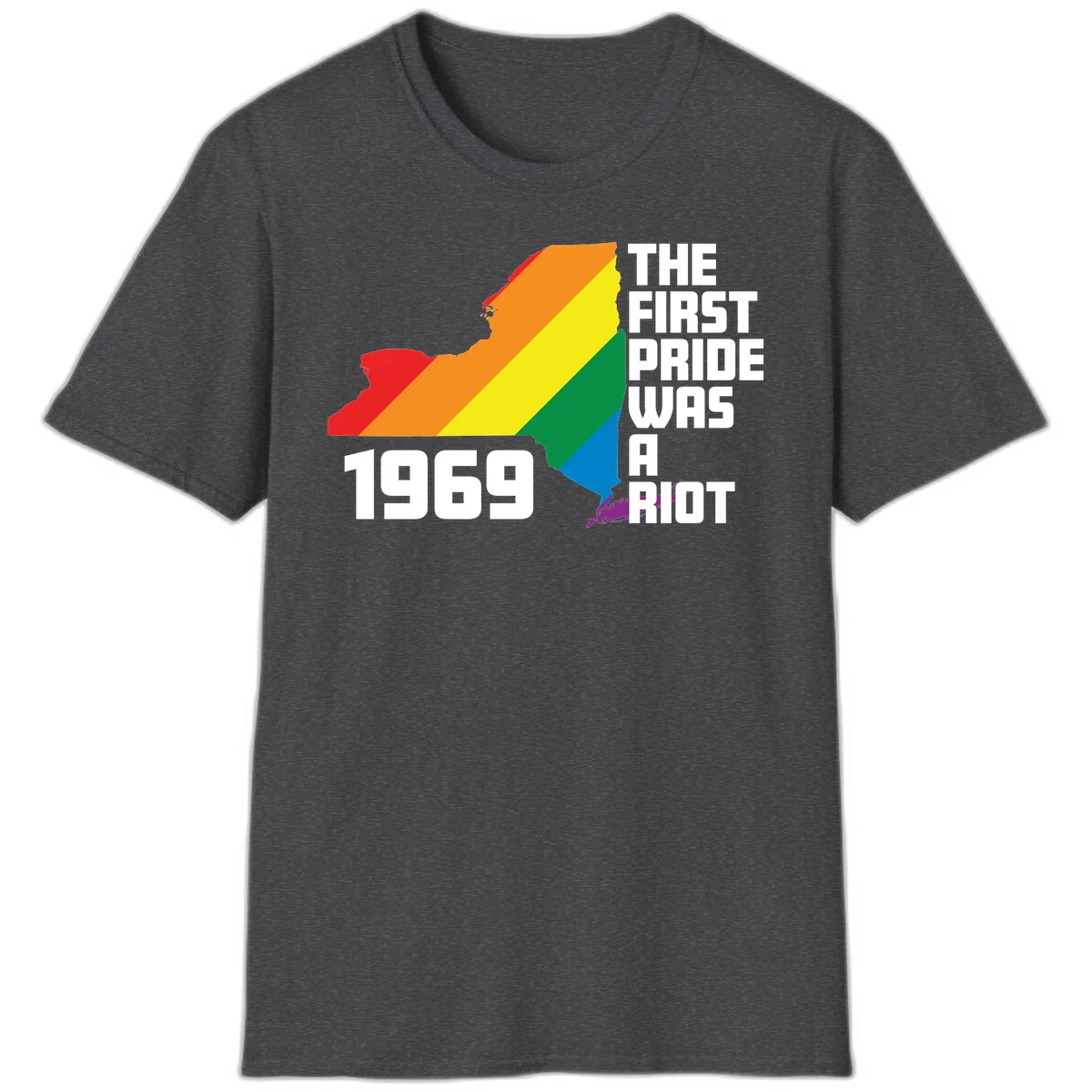 New York state map filled with rainbow pride stripes and text reading 'The First Pride Was A Riot 1969' in Dark Heather