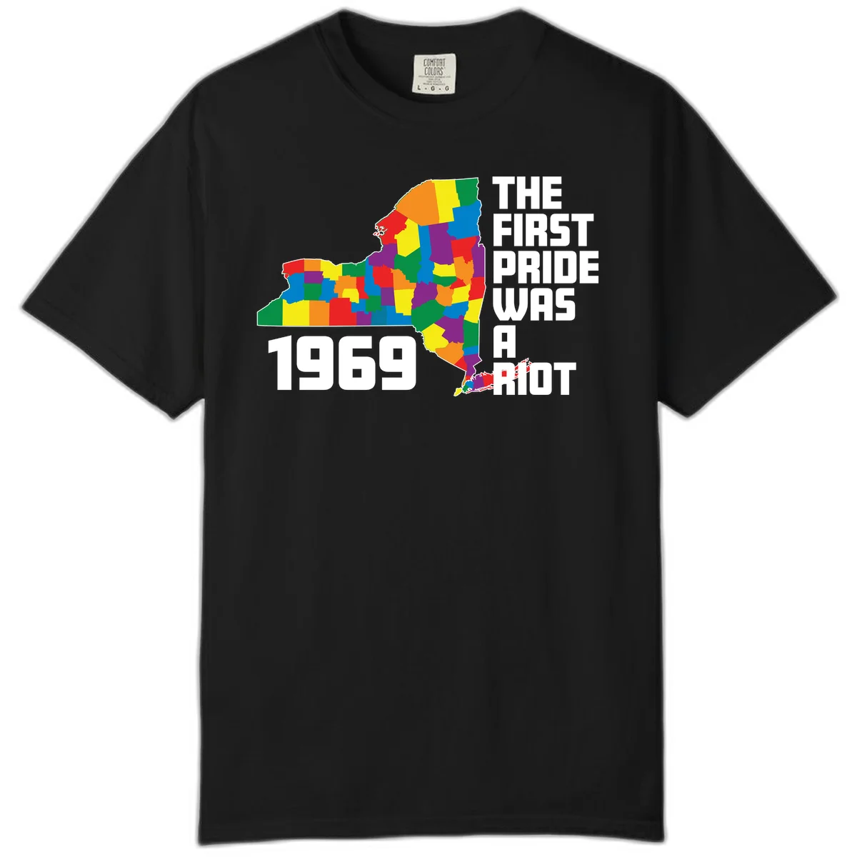 Colorful New York state map with rainbow-filled counties honoring the first pride riot of 1969 in Black