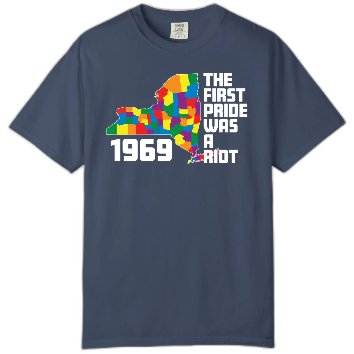 Colorful New York state map with rainbow-filled counties honoring the first pride riot of 1969 in Midnight