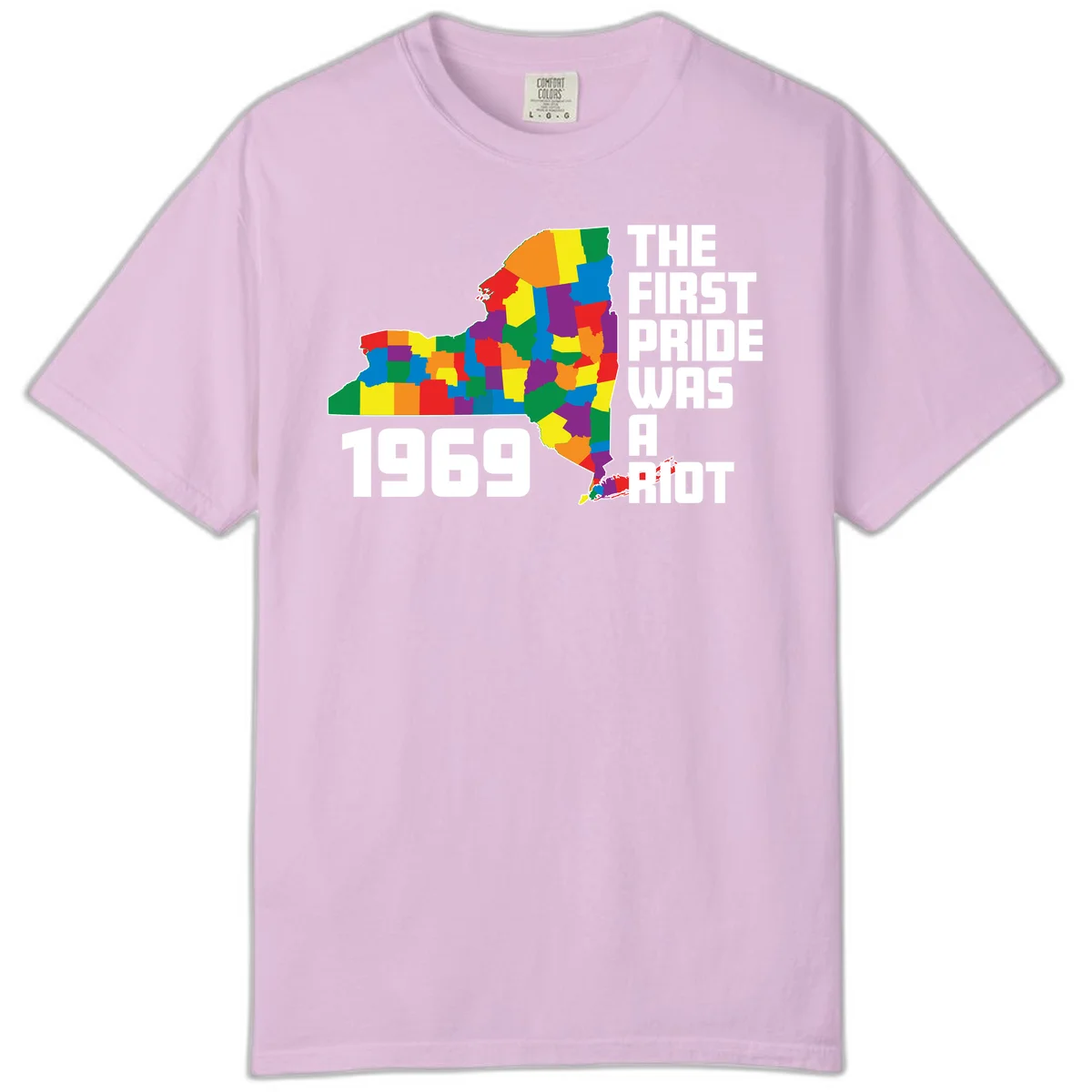 Colorful New York state map with rainbow-filled counties honoring the first pride riot of 1969 in Orchid