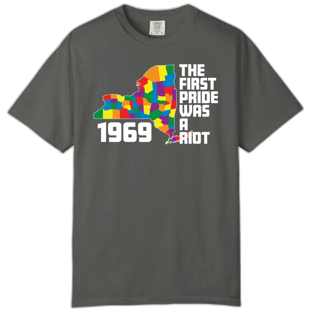 Colorful New York state map with rainbow-filled counties honoring the first pride riot of 1969 in Pepper