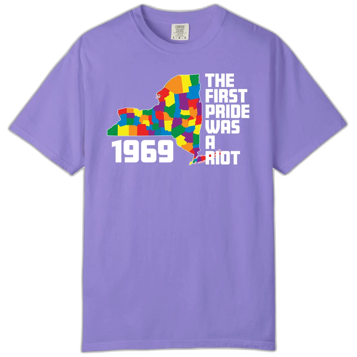 Colorful New York state map with rainbow-filled counties honoring the first pride riot of 1969 in Violet