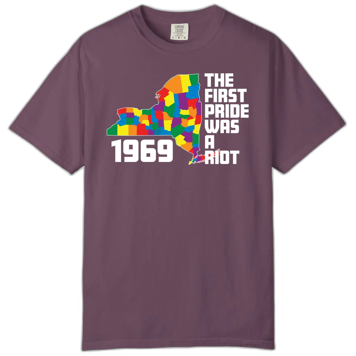 Colorful New York state map with rainbow-filled counties honoring the first pride riot of 1969 in Berry