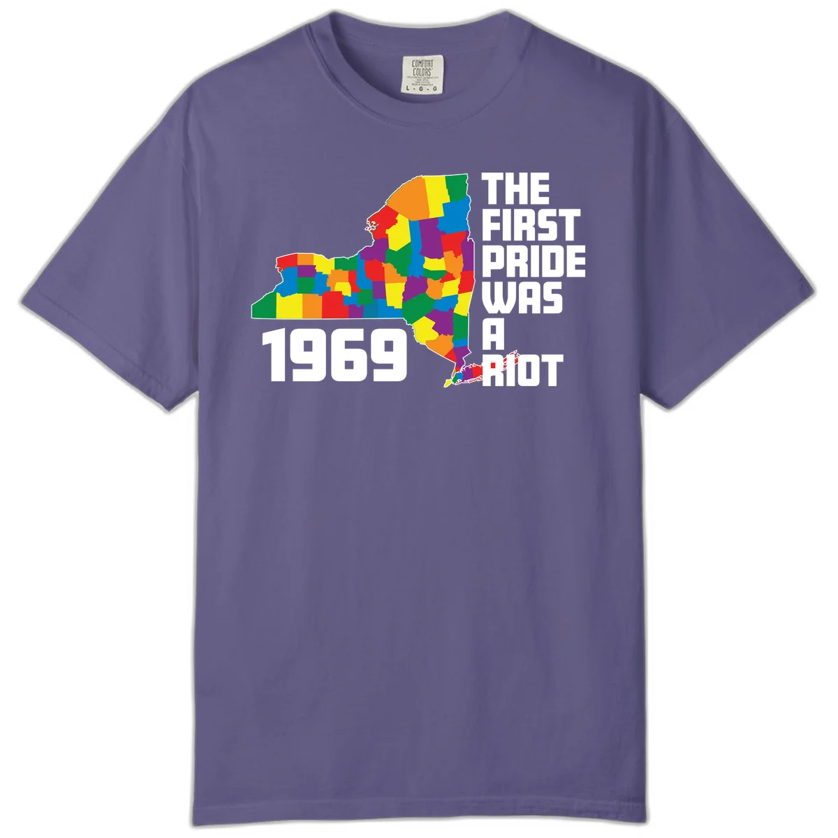 Colorful New York state map with rainbow-filled counties honoring the first pride riot of 1969 in Grape