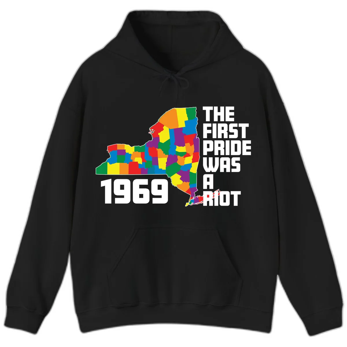 Colorful New York state map with rainbow-filled counties honoring the first pride riot of 1969 in Black
