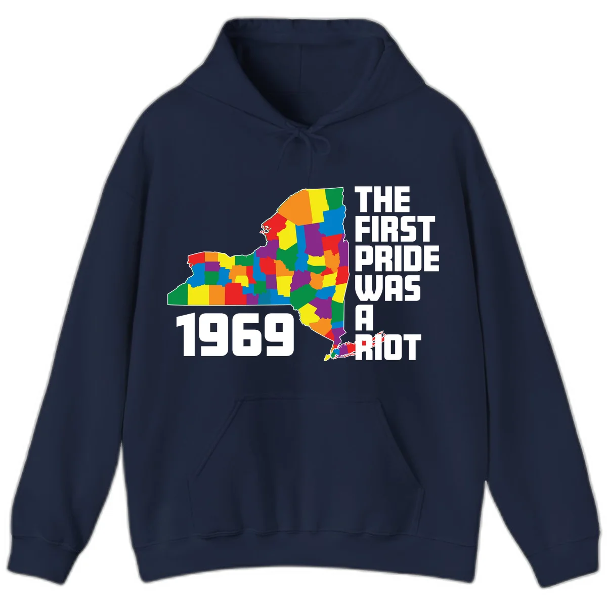 Colorful New York state map with rainbow-filled counties honoring the first pride riot of 1969 in Navy